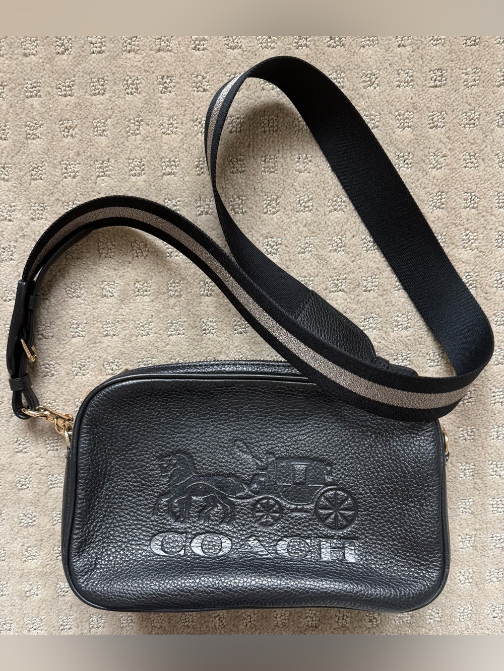 Coach Black Pebbled Leather Crossbody with Striped Wide Strap